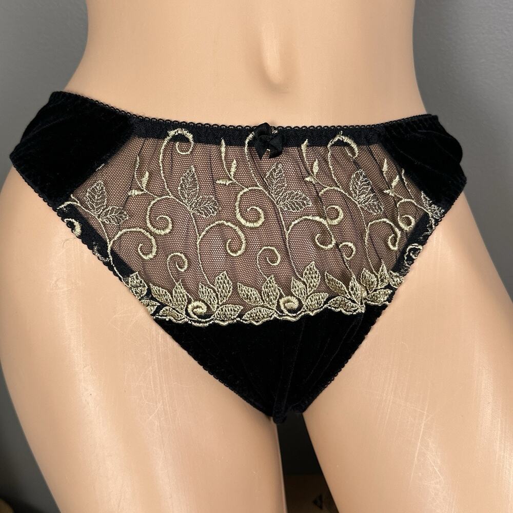 Vintage Delicates Medium Black Velvet Sheer Mesh Embroidered Hi Cut Panty 1990s
